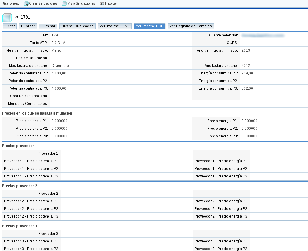 Datos de simulación capturados en SugarCRM para seguimiento de ventas