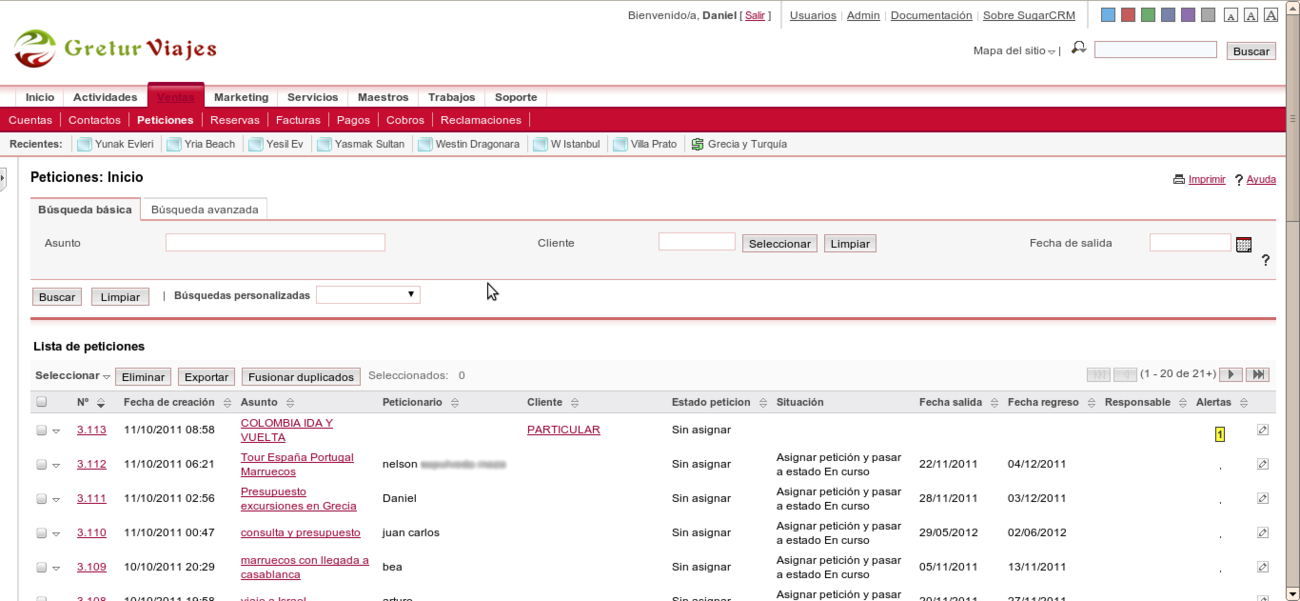 Lista de solicitudes de presupuesto con estados