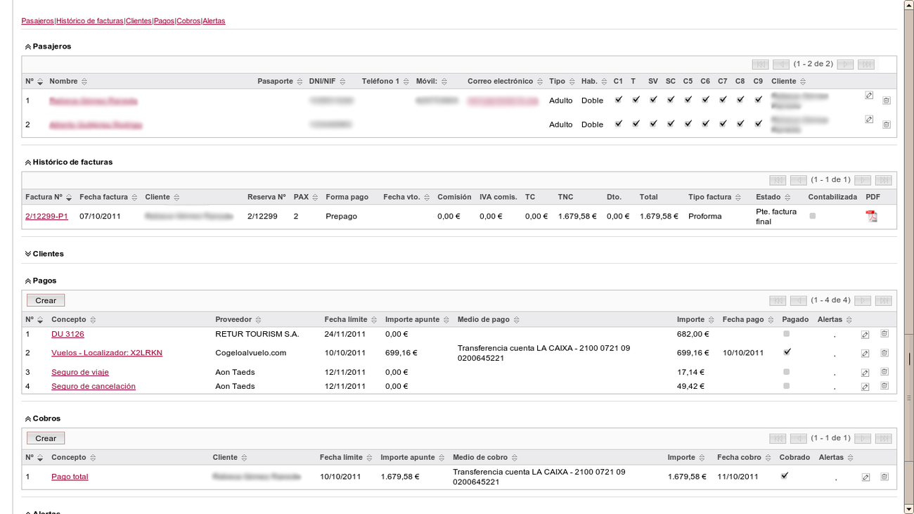 Detalle de reserva con todos los módulos integrados