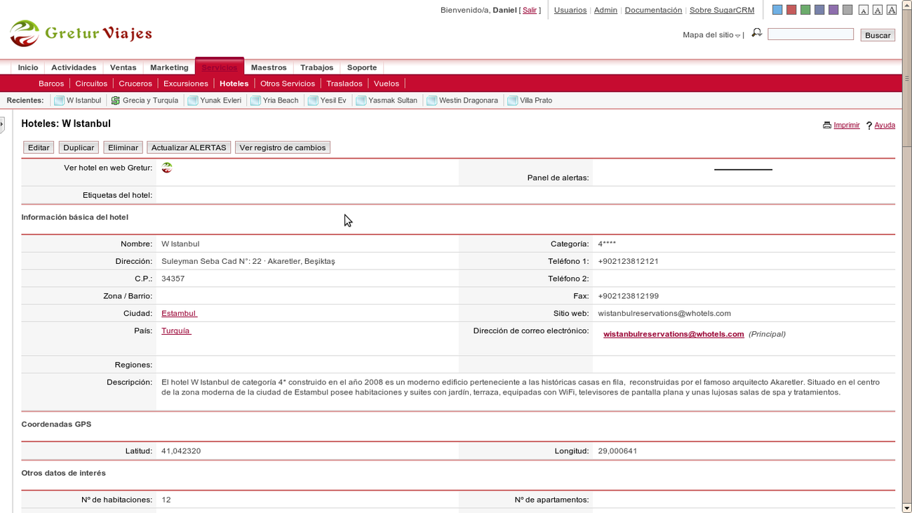 Administración de Hotel W Istanbul en SugarCRM