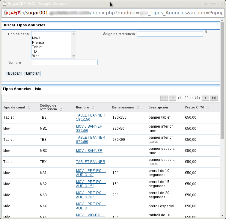 Módulo de tipos de anuncios con información de precios