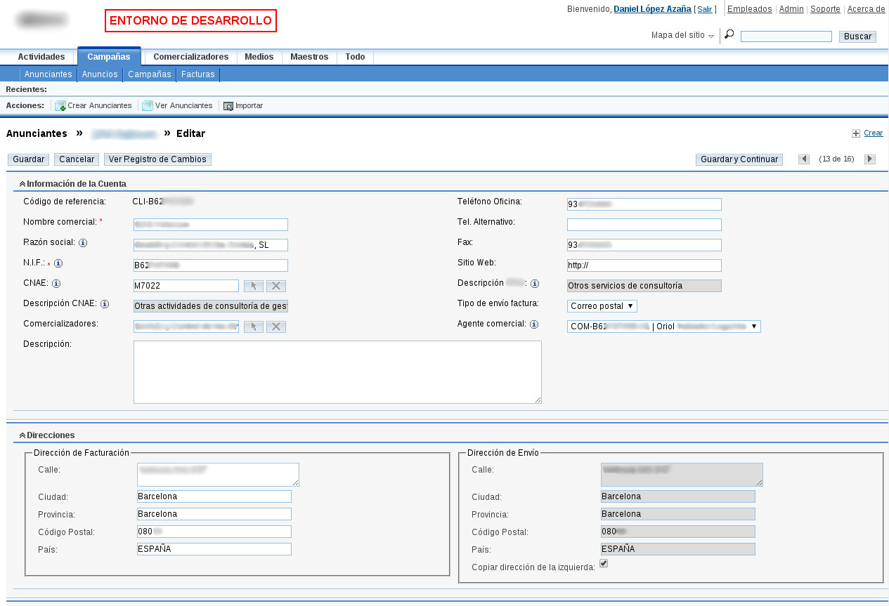 Interfaz de edición de anunciante con validación de campos