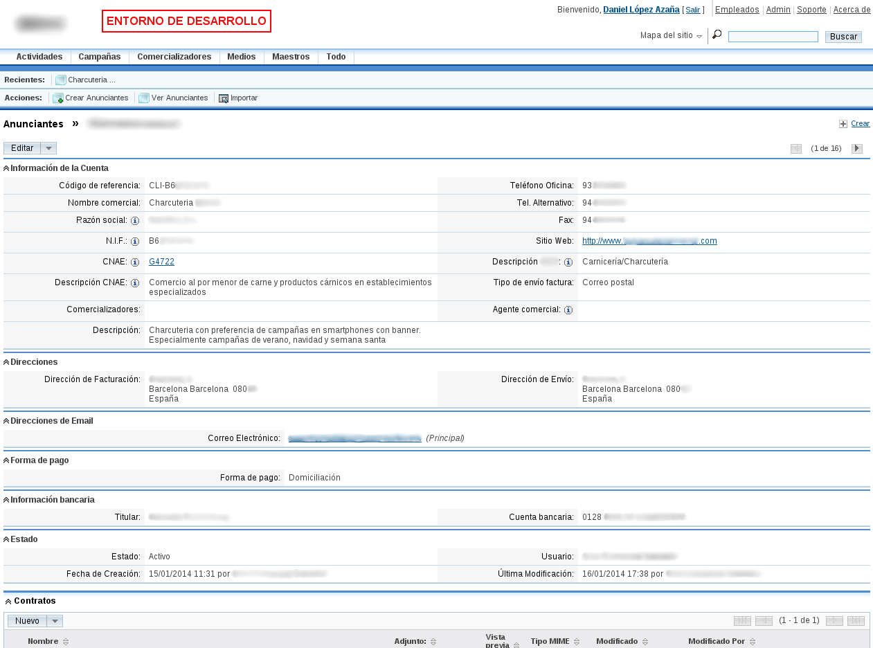 Vista de detalle de anunciante con campos calculados