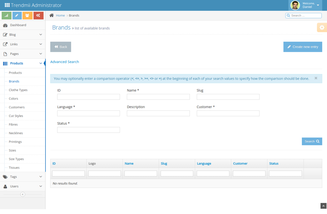 Formulario de búsqueda avanzada para marcas de productos