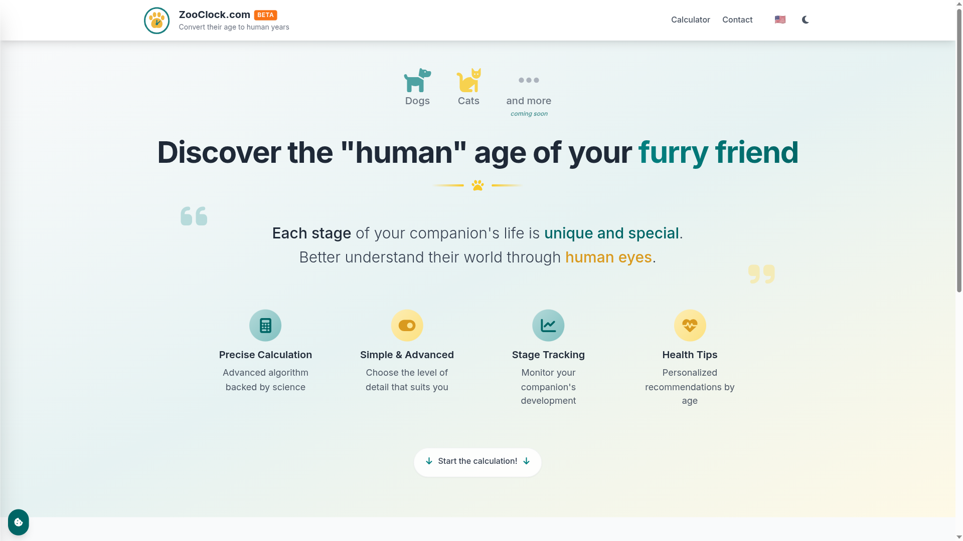 ZooClock homepage with interactive pet age calculator